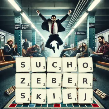 Kreatywna ilustracja do gry w Scrabble ze słowem SUCHOZEBERSKIEJ ułożonym z płytek na planszy.