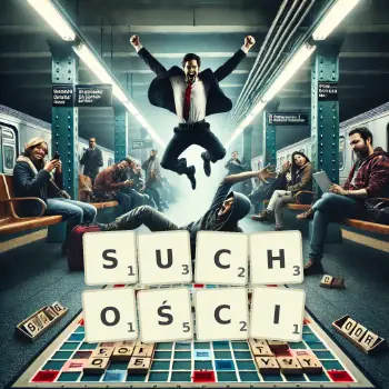 Kreatywna ilustracja do gry w Scrabble ze słowem SUCHOŚCI ułożonym z płytek na planszy.