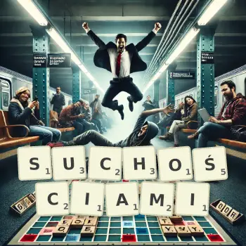 Kreatywna ilustracja do gry w Scrabble ze słowem SUCHOŚCIAMI ułożonym z płytek na planszy.