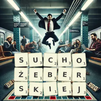Kreatywna ilustracja do gry w Scrabble ze słowem SUCHOŻEBERSKIEJ ułożonym z płytek na planszy.