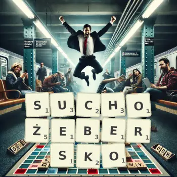 Kreatywna ilustracja do gry w Scrabble ze słowem SUCHOŻEBERSKO ułożonym z płytek na planszy.