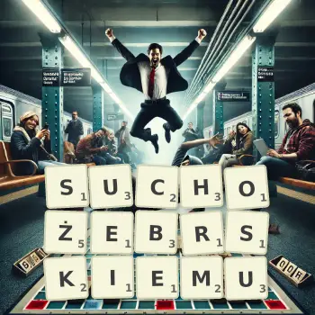 Kreatywna ilustracja do gry w Scrabble ze słowem SUCHOŻEBRSKIEMU ułożonym z płytek na planszy.