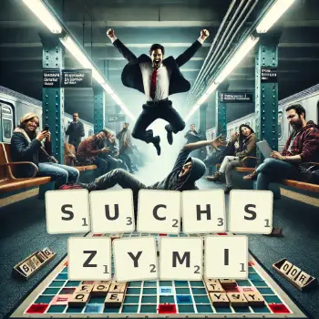 Kreatywna ilustracja do gry w Scrabble ze słowem SUCHSZYMI ułożonym z płytek na planszy.