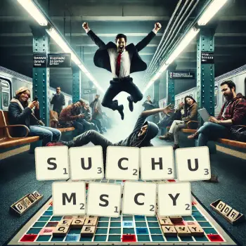 Kreatywna ilustracja do gry w Scrabble ze słowem SUCHUMSCY ułożonym z płytek na planszy.