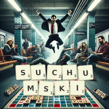 Kreatywna ilustracja do gry w Scrabble ze słowem SUCHUMSKI ułożonym z płytek na planszy.