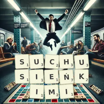 Kreatywna ilustracja do gry w Scrabble ze słowem SUCHUSIEŃKIMI ułożonym z płytek na planszy.