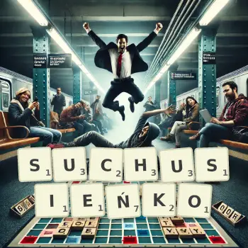 Kreatywna ilustracja do gry w Scrabble ze słowem SUCHUSIEŃKO ułożonym z płytek na planszy.