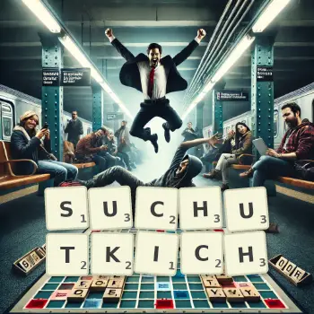 Kreatywna ilustracja do gry w Scrabble ze słowem SUCHUTKICH ułożonym z płytek na planszy.