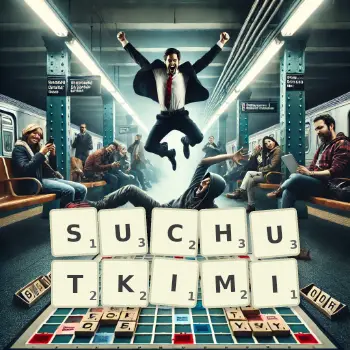 Kreatywna ilustracja do gry w Scrabble ze słowem SUCHUTKIMI ułożonym z płytek na planszy.