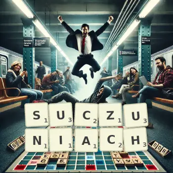 Kreatywna ilustracja do gry w Scrabble ze słowem SUCZUNIACH ułożonym z płytek na planszy.