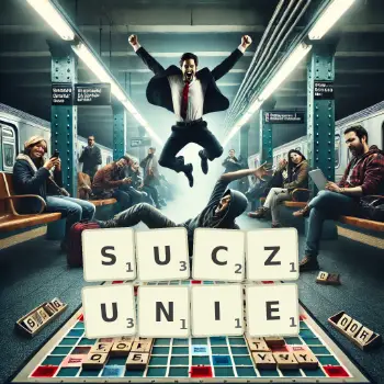 Kreatywna ilustracja do gry w Scrabble ze słowem SUCZUNIE ułożonym z płytek na planszy.