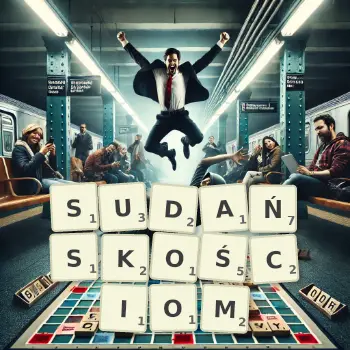Kreatywna ilustracja do gry w Scrabble ze słowem SUDAŃSKOŚCIOM ułożonym z płytek na planszy.