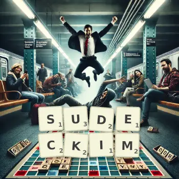 Kreatywna ilustracja do gry w Scrabble ze słowem SUDECKIM ułożonym z płytek na planszy.