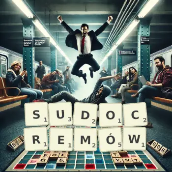 Kreatywna ilustracja do gry w Scrabble ze słowem SUDOCREMÓW ułożonym z płytek na planszy.