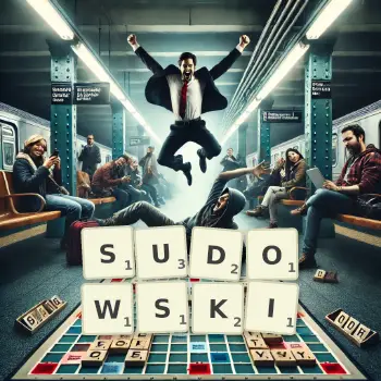 Kreatywna ilustracja do gry w Scrabble ze słowem SUDOWSKI ułożonym z płytek na planszy.