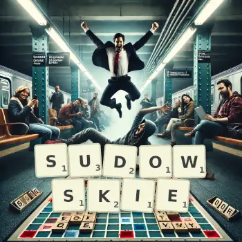 Kreatywna ilustracja do gry w Scrabble ze słowem SUDOWSKIE ułożonym z płytek na planszy.