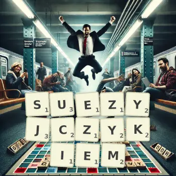 Kreatywna ilustracja do gry w Scrabble ze słowem SUEZYJCZYKIEM ułożonym z płytek na planszy.