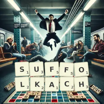 Kreatywna ilustracja do gry w Scrabble ze słowem SUFFOLKACH ułożonym z płytek na planszy.