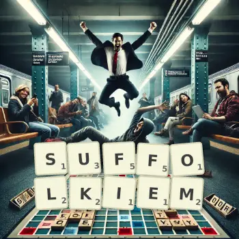 Kreatywna ilustracja do gry w Scrabble ze słowem SUFFOLKIEM ułożonym z płytek na planszy.