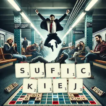 Kreatywna ilustracja do gry w Scrabble ze słowem SUFICKIEJ ułożonym z płytek na planszy.