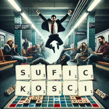 Kreatywna ilustracja do gry w Scrabble ze słowem SUFICKOSCI ułożonym z płytek na planszy.
