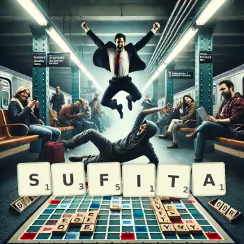 Kreatywna ilustracja do gry w Scrabble ze słowem SUFITA ułożonym z płytek na planszy.