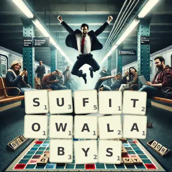 Kreatywna ilustracja do gry w Scrabble ze słowem SUFITOWALABYS ułożonym z płytek na planszy.