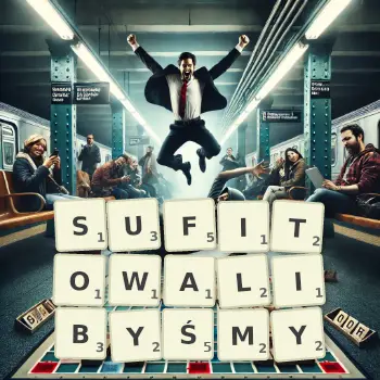 Kreatywna ilustracja do gry w Scrabble ze słowem SUFITOWALIBYŚMY ułożonym z płytek na planszy.