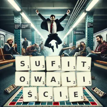 Kreatywna ilustracja do gry w Scrabble ze słowem SUFITOWALIŚCIE ułożonym z płytek na planszy.