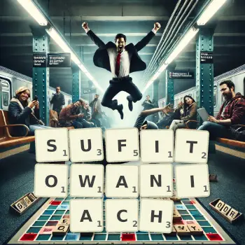 Kreatywna ilustracja do gry w Scrabble ze słowem SUFITOWANIACH ułożonym z płytek na planszy.