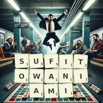 Kreatywna ilustracja do gry w Scrabble ze słowem SUFITOWANIAMI ułożonym z płytek na planszy.