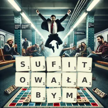 Kreatywna ilustracja do gry w Scrabble ze słowem SUFITOWAŁABYM ułożonym z płytek na planszy.
