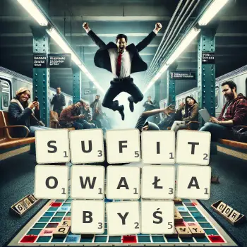 Kreatywna ilustracja do gry w Scrabble ze słowem SUFITOWAŁABYŚ ułożonym z płytek na planszy.