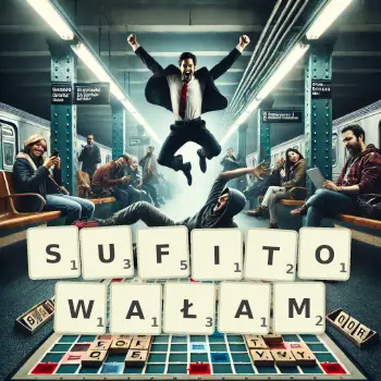 Kreatywna ilustracja do gry w Scrabble ze słowem SUFITOWAŁAM ułożonym z płytek na planszy.