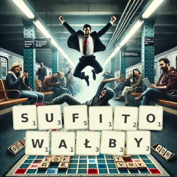 Kreatywna ilustracja do gry w Scrabble ze słowem SUFITOWAŁBY ułożonym z płytek na planszy.