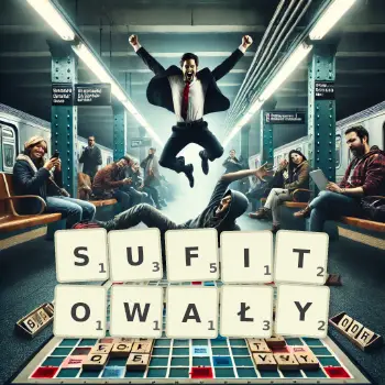 Kreatywna ilustracja do gry w Scrabble ze słowem SUFITOWAŁY ułożonym z płytek na planszy.