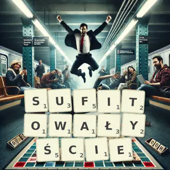 Kreatywna ilustracja do gry w Scrabble ze słowem SUFITOWAŁYŚCIE ułożonym z płytek na planszy.