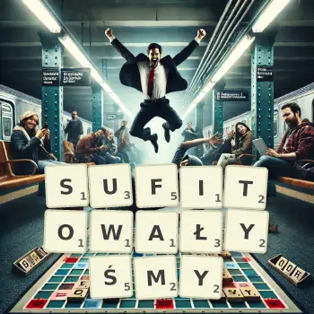 Kreatywna ilustracja do gry w Scrabble ze słowem SUFITOWAŁYŚMY ułożonym z płytek na planszy.