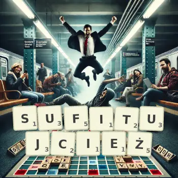 Kreatywna ilustracja do gry w Scrabble ze słowem SUFITUJCIEŻ ułożonym z płytek na planszy.