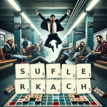 Kreatywna ilustracja do gry w Scrabble ze słowem SUFLERKACH ułożonym z płytek na planszy.