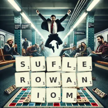 Kreatywna ilustracja do gry w Scrabble ze słowem SUFLEROWANIOM ułożonym z płytek na planszy.