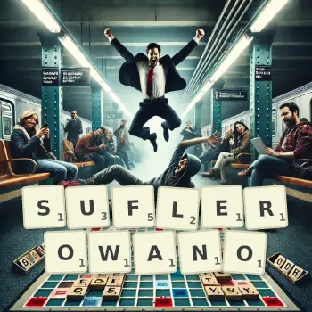 Kreatywna ilustracja do gry w Scrabble ze słowem SUFLEROWANO ułożonym z płytek na planszy.