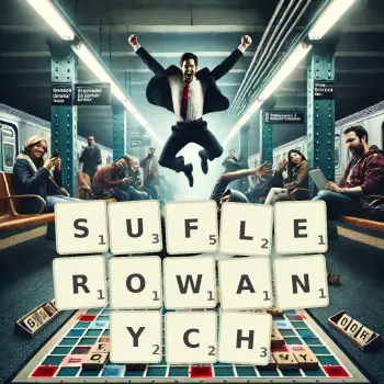 Kreatywna ilustracja do gry w Scrabble ze słowem SUFLEROWANYCH ułożonym z płytek na planszy.