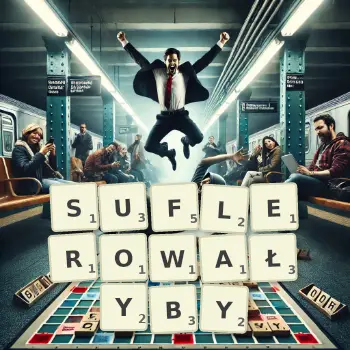 Kreatywna ilustracja do gry w Scrabble ze słowem SUFLEROWAŁYBY ułożonym z płytek na planszy.