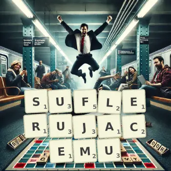 Kreatywna ilustracja do gry w Scrabble ze słowem SUFLERUJACEMU ułożonym z płytek na planszy.