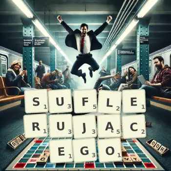 Kreatywna ilustracja do gry w Scrabble ze słowem SUFLERUJĄCEGO ułożonym z płytek na planszy.
