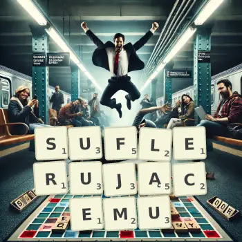 Kreatywna ilustracja do gry w Scrabble ze słowem SUFLERUJĄCEMU ułożonym z płytek na planszy.