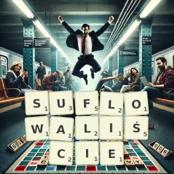 Kreatywna ilustracja do gry w Scrabble ze słowem SUFLOWALIŚCIE ułożonym z płytek na planszy.