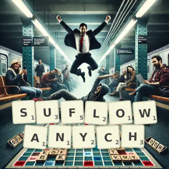 Kreatywna ilustracja do gry w Scrabble ze słowem SUFLOWANYCH ułożonym z płytek na planszy.