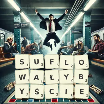 Kreatywna ilustracja do gry w Scrabble ze słowem SUFLOWAŁYBYŚCIE ułożonym z płytek na planszy.
